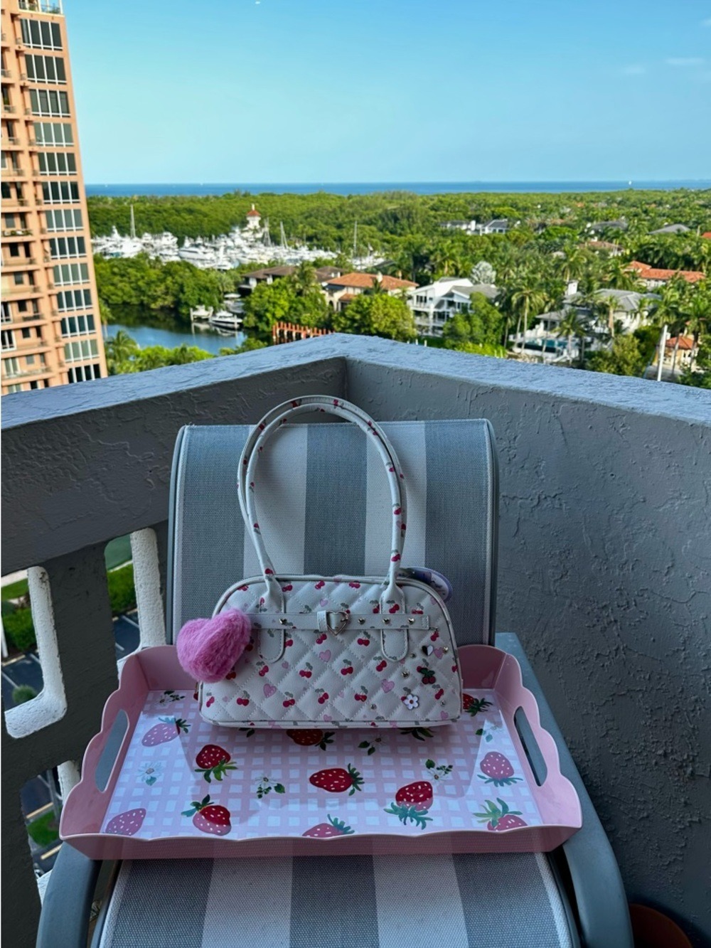 New Under One Sky Cherry Heart Quilted Satchel Purse Coquette Kawaii Pink Pom - Picture 7 of 8